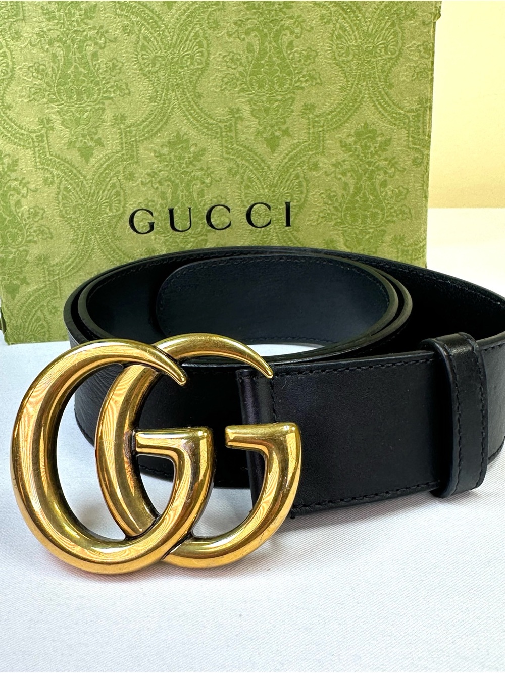 Gucci GG Marmont black leather belt Italy size 85/34 32”-36” 1.5”w, Box, COA